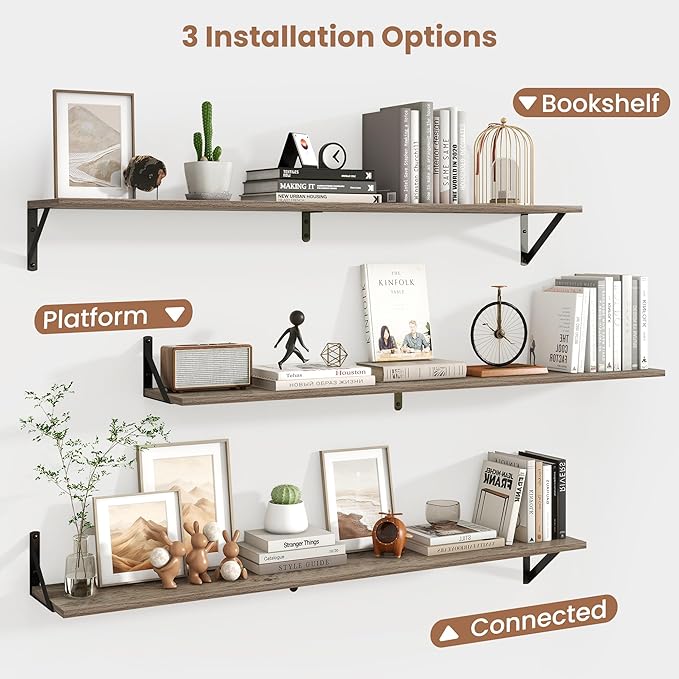 Axeman Floating Shelves for Wall 48 Inch | 47.3W x 8D Rustic Grey Wood Floating Shelves Set of 2 | 8" Deep Long Wall Shelves for Bathroom Kitchen Living Room | Bookshelf Display Shelves