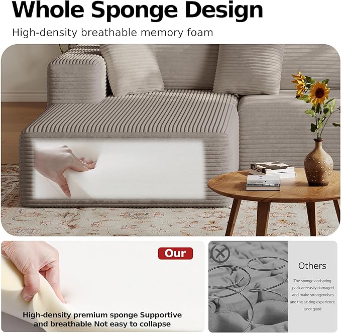 108'' Modular Sectional L-Shaped with Chair,Deep Seat Boneless Corner Couch for Living Room,Plush Corduroy Couch with Detachable Sofa Set,No Assembly(Left Facing Chaise,Camel)