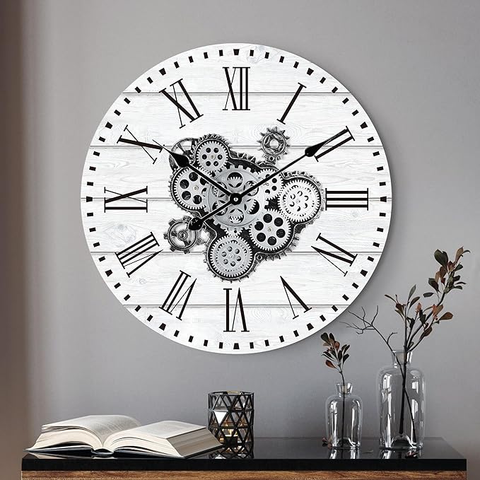 Lafocuse 23 Inch Large Wall Clock with Moving Gears for Living Room, Wooden White Steampunk Gear Clocks with Roman Numerals, Home Decor