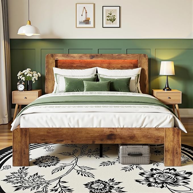 Queen Bed Frame with Headboard, Wooden Platform Bed Frame Queen Size with Bookcase Shelf, LED Lights, Charging Station, Heavy Duty Supports, No Box Spring Needed, Dark Brown