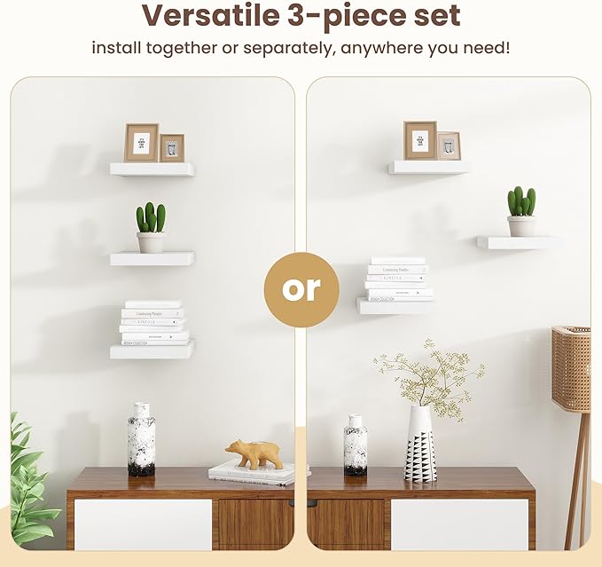 Fun Memories Floating Shelves for Wall - 12 Inch Square Shelves with Invisible Brackets, Small Wall Shelf for Living Room, Bathroom, Bedroom, and Kitchen Decor，Set of 3