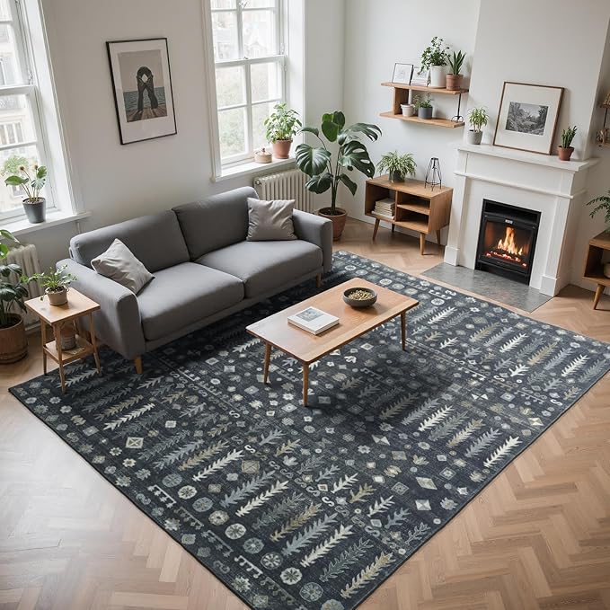 Washable Rugs 8x10 Area Rugs for Living Room,Bedroom,Dining Room- Soft Low Pile Stain-Resistant Carpet with Non-Slip Rubber Backing,Vintage Large Area Rug for Nursery Home Office Decor