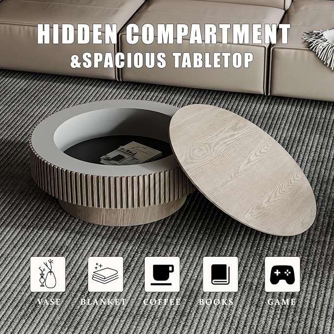 31.5'' Small Round Coffee Table with Storage, Fluted Coffee Table with Solid Wood Veneered, Mid Century Modern Wooden Center Table, Accent Tea Table for Small Space Living Room Apartment, Grey