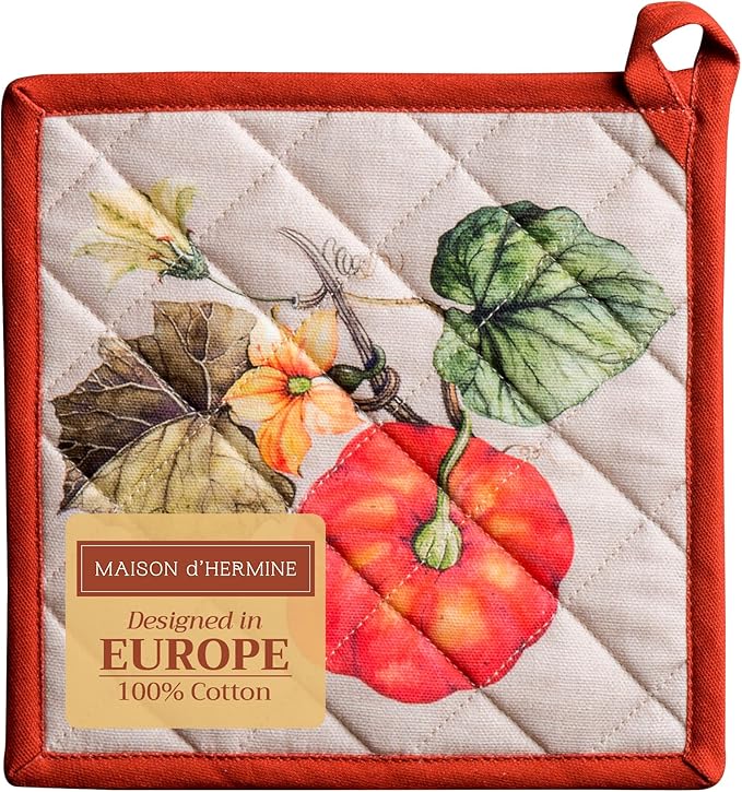 Maison d' Hermine Pot Holders 100% Cotton Heat Resistant Potholders 8" x 8" Hot Pads with Loop for Thanksgiving Christmas Decorations BBQ Cooking Baking Handling Hot Pans (Pack of 1, Potiron)