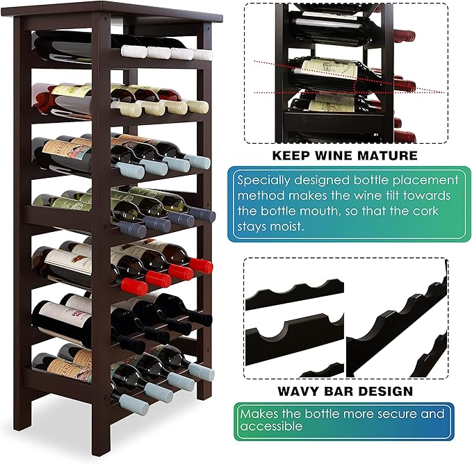 SMIBUY Bamboo Wine Rack, 28 Bottles Display Holder with Table Top, 7-Tier Free Standing Storage Shelves for Kitchen, Pantry, Cellar, Bar (Dark Brown)