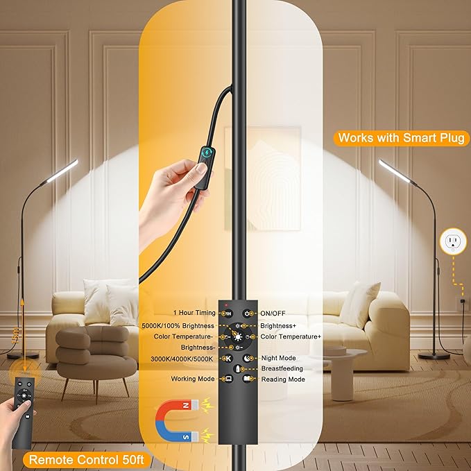 Floor Lamp, 18W Super Bright LED Floor Lamps for Living Room with Remote, Stepless Dimming Color Temperature & Brightness, Modern Adjustable Neck Standing Lamp Ideal for Bedroom, Office, Study