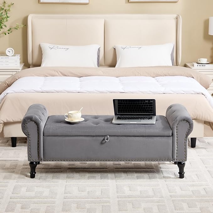 Storage Bench for Bedroom, 51" Upholstered End of Bed Bench, Velvet Queen Size Benches with Rolled Arms, Tufted Button Storage Long Ottoman, Living Room, Entryway, Grey