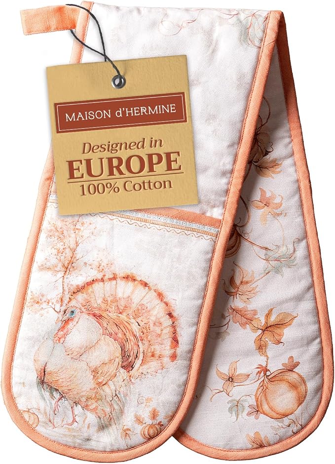 Maison d' Hermine Double Oven Mitt (7" x 35") 100% Cotton Heat Resistant BBQ Cooking Gloves with Loop for Thanksgiving Christmas Decorations Baking Cooking Barbeque Handling Hot Pan (Giving Thanks)