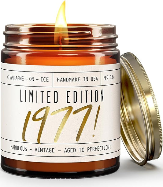48th Birthday Gifts for Women - 'Limited Edition 1977' Soy Candle, w/Champagne on Ice I 48 Birthday Gifts for Women I 48th Gift for Her Ideas I 9oz Reusable Jar, 50Hr Burn, Made in USA