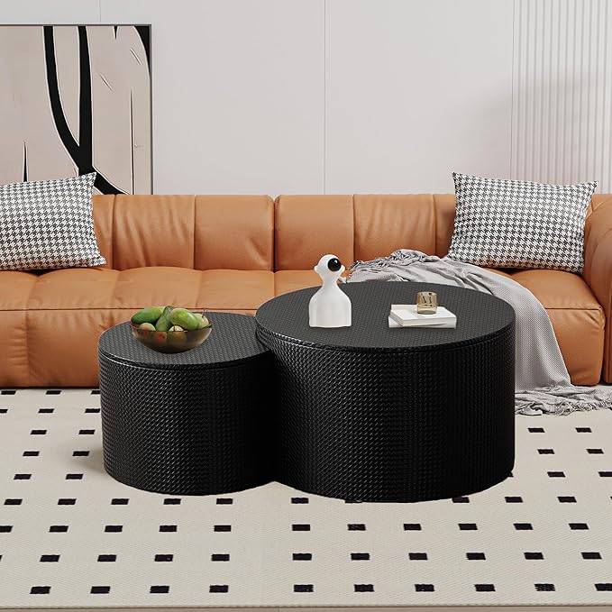 Round Nesting Coffee Table Set of 2, Round Fluted Coffee Tables with Storage for Living Room Leather Veneer Modern Nesting End Side Tables for Small Spaces (A Storage Black)