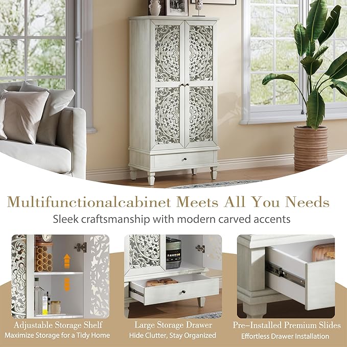 Rustic 55'' Tall Storage Cabinet with 2 Hollow-Carved Doors a Drawer, Wood Accent Cabinet with Solid Wood Legs for Living Room, Hallway, Dining Room (Grey White-T)