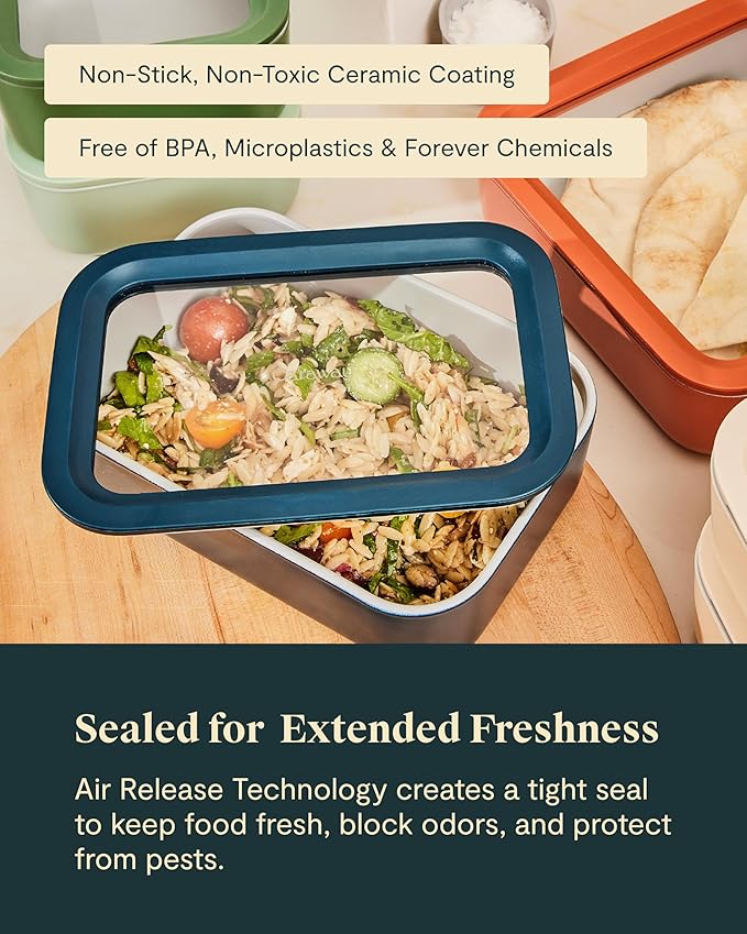 Caraway 2pc Glass Food Storage Set - 6.6 Cup Food Containers (2) - Ceramic Coated - Non Toxic, Non Stick Lunch Box with Lids. Dishwasher, Oven, & Microwave Safe - Navy