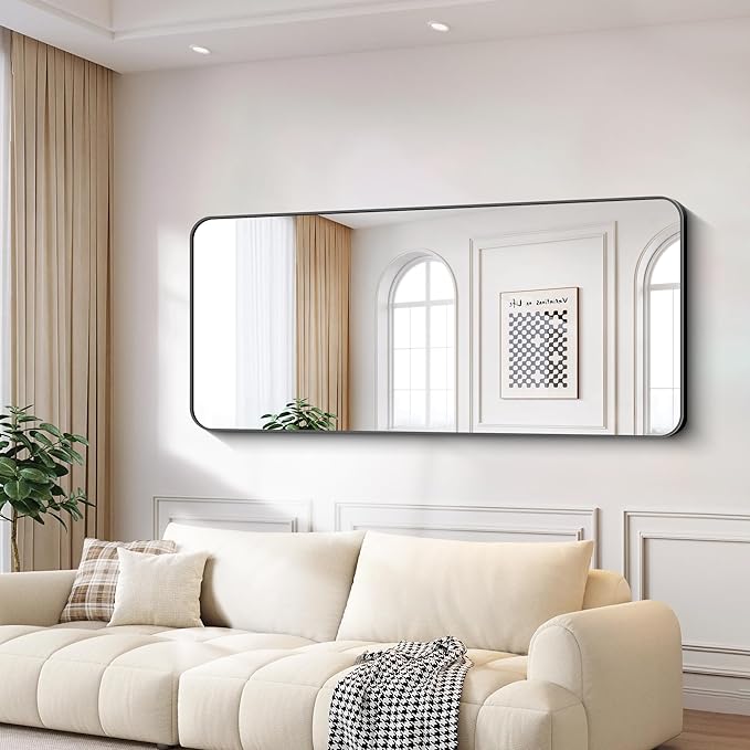 FORBATH Large Bathroom Mirror 72x30 Inches, Black Oversized Wall Mirror for 2 Sinks Aluminum Frame Wall Mounted Rounded Corner Morndern Mirror for Bathroom Bedroom Entryway Living Room