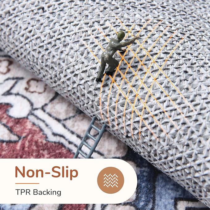 OPPODREAM Thin Round Rug 4ft, Washable Circle Rug 4ft with Non Slip Backing Play Room, Low-Pile Carpet 4 ft, Small Faux Cashmere Throw Carpet, Navy Blue & Red & Cream