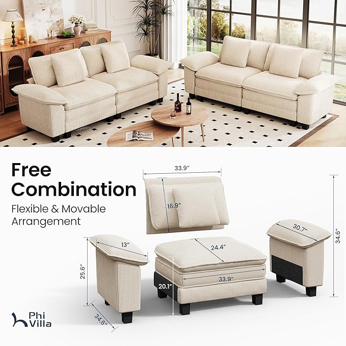 PHI VILLA Cloud Modular Couches Sets, 2 Pieces Sectional Loveseat Sofa Set, 4-Seater Comfy Couch for Living Room, Corduroy Fabric, Beige