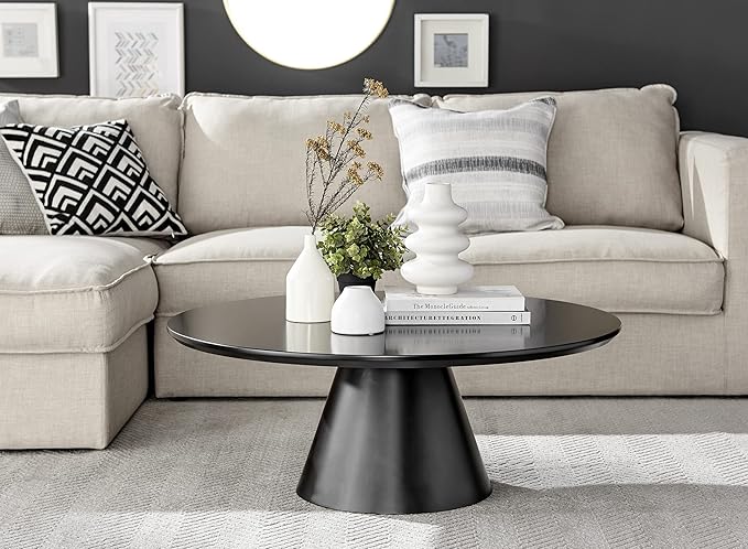 Furniturebox UK Coffee Table - Palma Round Coffee Table - Contemporary Minimalist Black Round Coffee Table with Tapered Central Pillar - Living Room Furniture