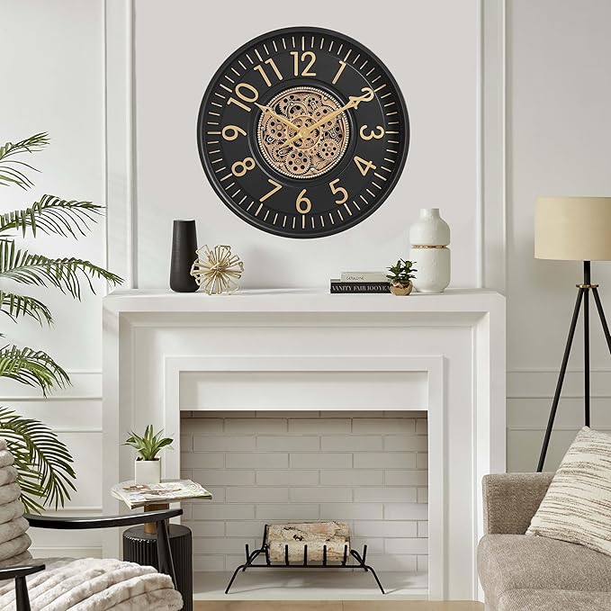 CLXEAST 21 Inch Moving Gear Wall Clock, Large Regular Arabic Numeral Wall Clocks for Living Room Decor,Modern Black& Gold Finish,House Warming Gifts New Home