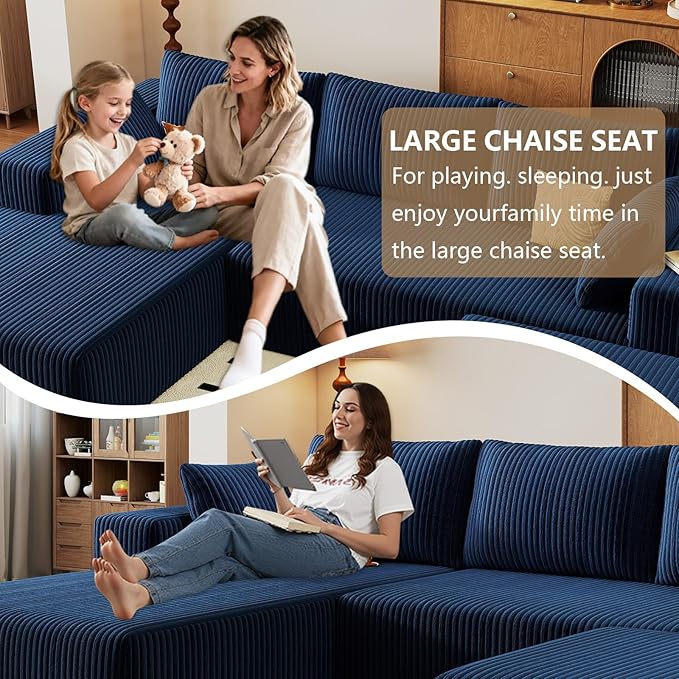 96" U-Shape Cloud Couch, Modern Modular Sectional L-Shape Sofa with Ottoman, Corduroy Upholstered Couches Deep Seat Sleeper Chaise Longue for Living Room, No Assembly Required(Blue, Left Facing)