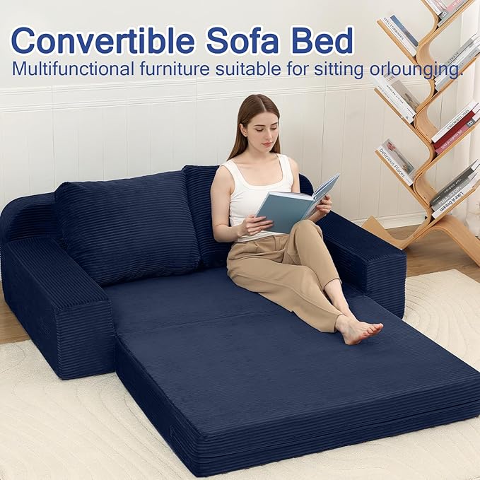 COMAX Convertible Sofa Bed Queen, Folding Floor Couch Corduroy Fold Out Couch Bed Sleeper Mattress with Back Pillows, Boneless Pull Out Loveseat Comfy Futon Lounge for Living Room Bedroom, Navy Blue