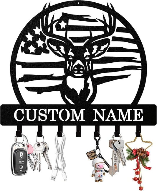 Personalized Deer Key Holder Wall Mount, Custom Metal Keys Hanger for Wall with Name, Custom Key Rack Holder with Hooks for Entryway, Front Door, Hallway, Living Room, Kitchen