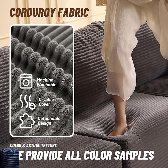 107" Boneless Couch with Deep Seat, Modular Sectional Sofa, Cloud Sectional Couch for Living Room, No Assembly Required, Corduroy, L-Shape Left?Grey