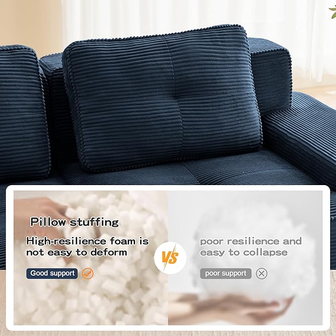 115.3'' Sectional Sofa, 32D Foam Corduroy Boneless Couch with Pillow, Deep Seat Wide Arm Sectional Couch for Apartment, Living Room, Bedroom