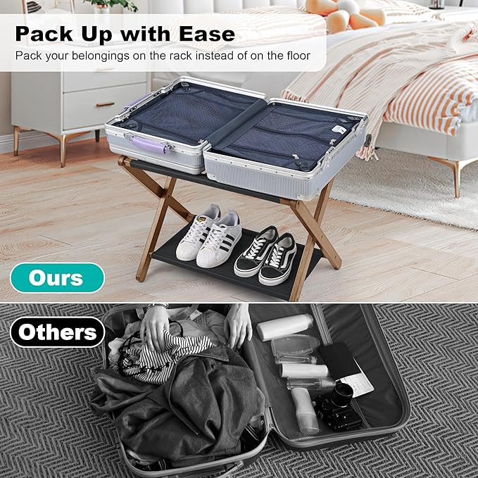 VASMIA Luggage Rack, Folding Suitcase Stand with Storage Shelf,Bamboo Luggage Stand for Guest Room,Bedroon and Hotel,Holds up to 131 lb,Fit Most Luggage Size,Walnut