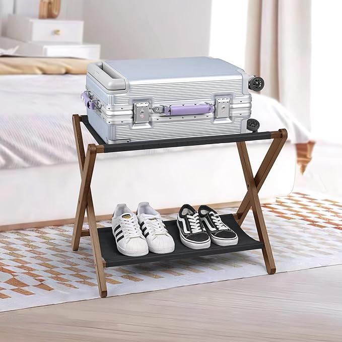 VASMIA Luggage Rack, Folding Suitcase Stand with Storage Shelf,Bamboo Luggage Stand for Guest Room,Bedroon and Hotel,Holds up to 131 lb,Fit Most Luggage Size,Walnut