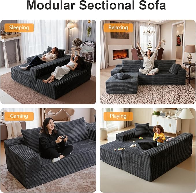 106'' Boneless Couches for Living Room, L Shaped Modular Sectional Sofa with Chaise Lounge, Faux Rabbit Fur & Layered Cushion Deep Seat Cloud Couch, No Assembly (Dark Grey, Left Facing Chaise)