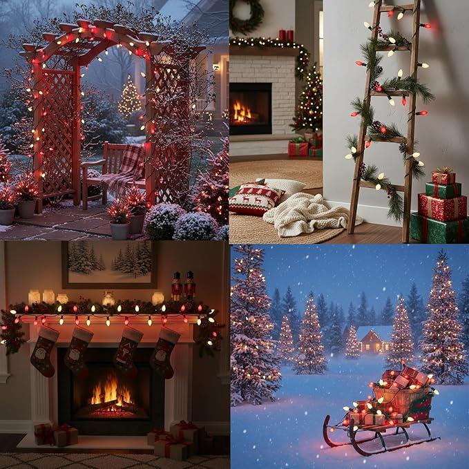 C7 LED Red and White Christmas Lights,25ft Outdoor String Lights with 27 Red White LED Bulbs(2 Spare),Connectable Outside Christmas Lights for Xmas Tree Party Roof Decoration,Green Wire