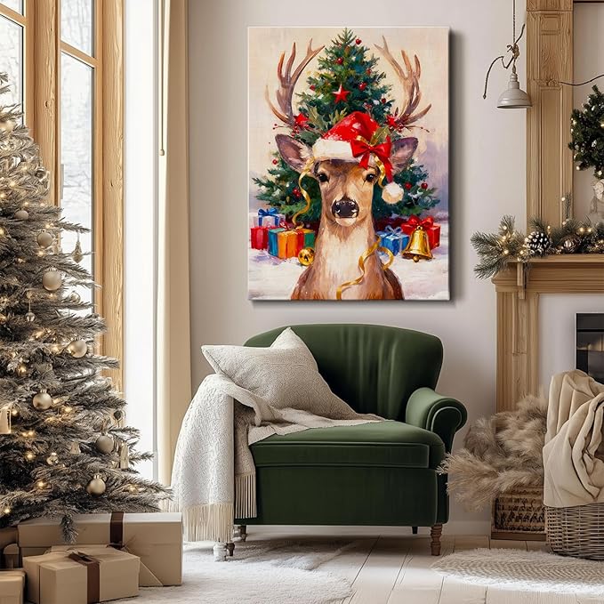 Vintage Reindeer Christmas Canvas Wall Art - Rustic Winter Deer in Snow Forest Framed Print, Cozy Christmas Wall Decor for Living Room, Unique Christmas Gifts & Festive Decorations