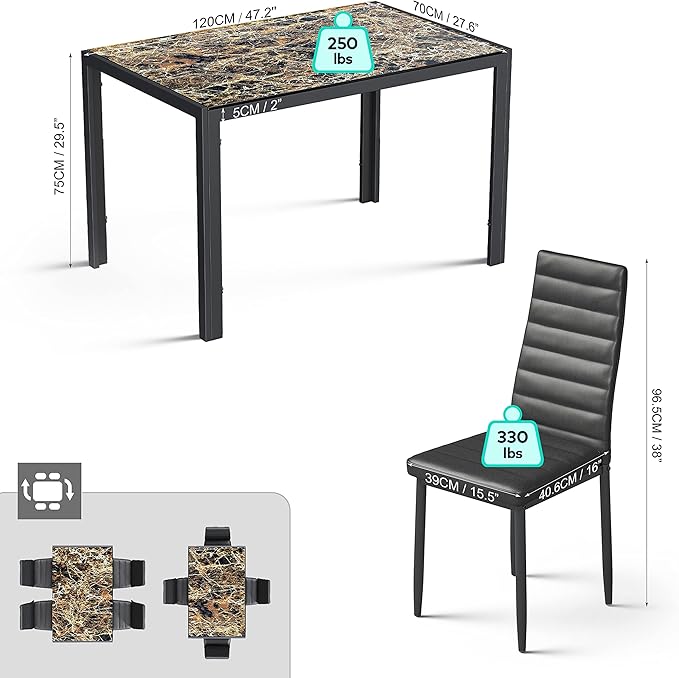 Gizoon 5 Piece Glass Dining Table Set, Kitchen and Chairs for 4, PU Leather Modern Room Sets for Home, Kitchen, Living Room