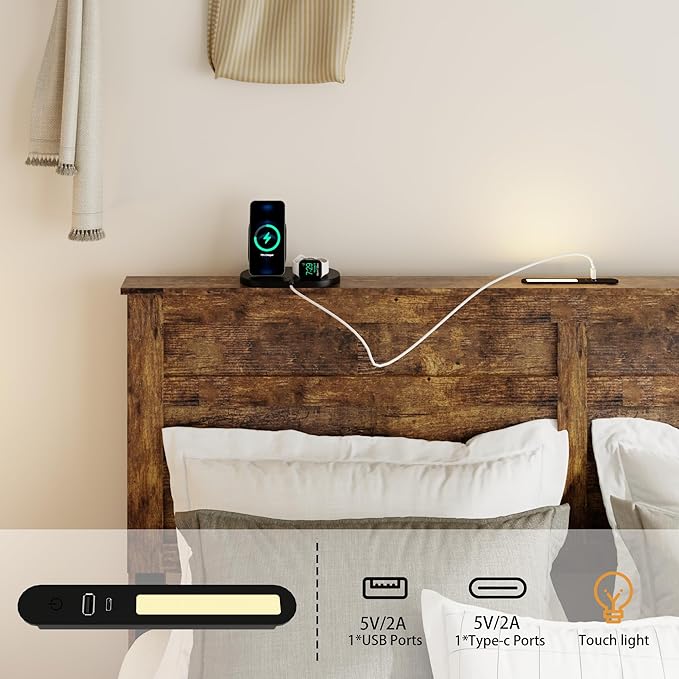 Wooden Queen Size Bed Frame with Headboard, Boho White Farmhouse Storage Bedframe with Sliding Barn Door Footboard and Charging Station, Wood Slats, No Box Spring Needed (Brown, Queen)