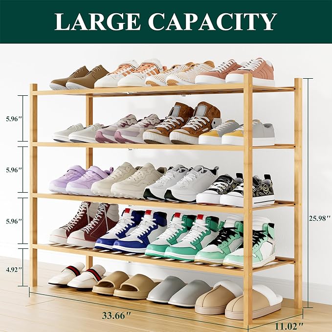 Smiry Shoe Rack, 4 Tier Long Bamboo Shoe Organizer, Stackable Free Standing Wooden Shoe Storage Shelf for Closet, Entryway, Front Door Entrance, Natural