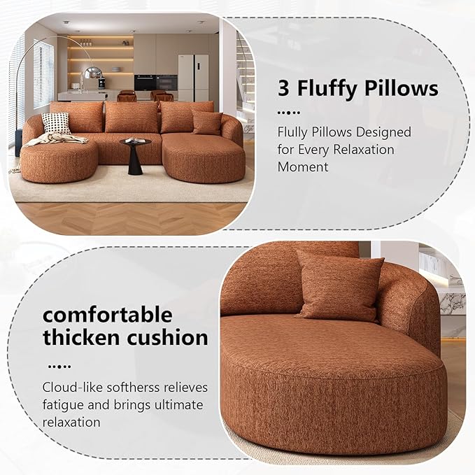 111" Modular Sectional Couches Luxury Modern Curved Back U-Shape Sofa Set with Ottoman,Minimalist Comfy Boneless Cloud Couch for Living Room Apartment,(Right Facing Chaise,Orange)
