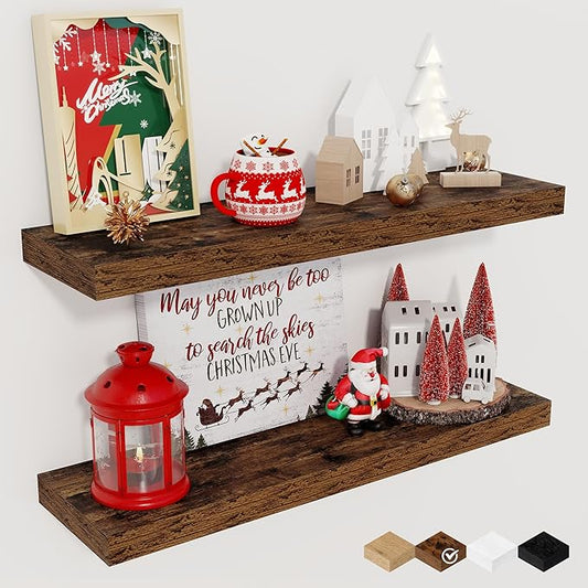 Fun Memories Floating Shelves for Wall, 24" Rustic Wood Deep Wall Mounted Shelves with Invisible Brackets for Decor & Storage, Floating Shelf for Living Room, Bathroom (Rustic Brown, Set of 2)
