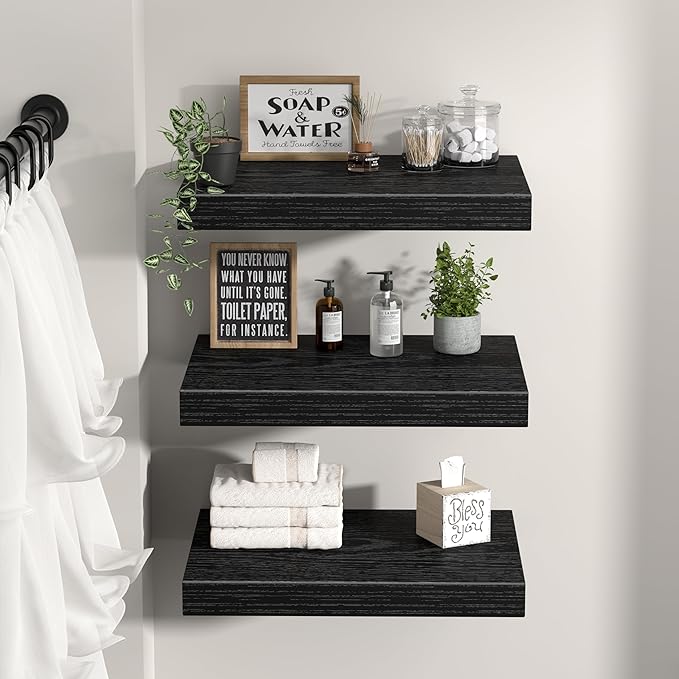 QEEIG 12" Deep Floating Shelves for Wall - 12 x 16 inch Book Shelf Bathroom Bedroom Kitchen Living Room Hanging Bookshelf Farmhouse Set of 3, Black (026-40B3)