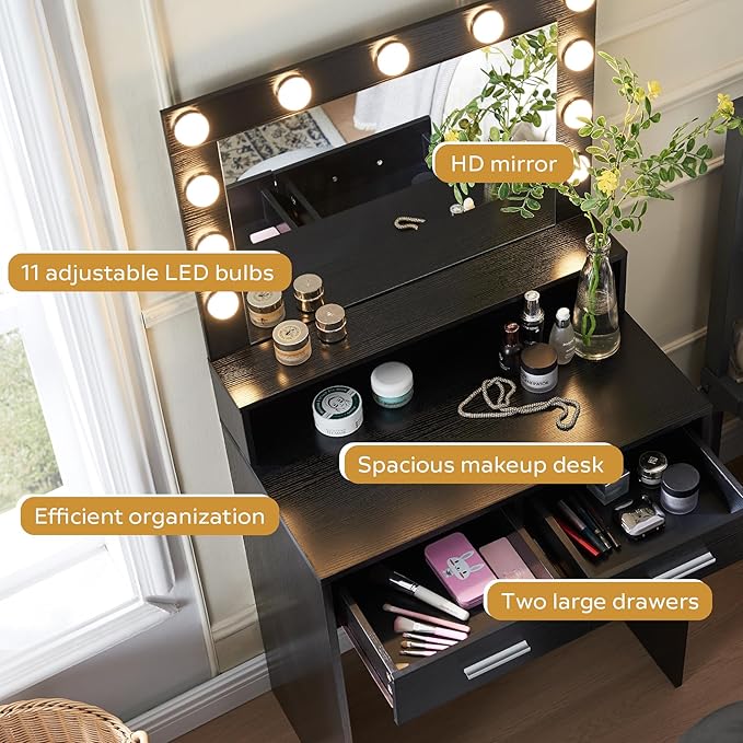 MIRROTOWEL Vanity Desk with Mirror and Lights, Dressing Table with Large Drawer, 2 Level Storage Dresser & 3 Lighting Modes Adjustable Brightness, Suitable for Bedroom