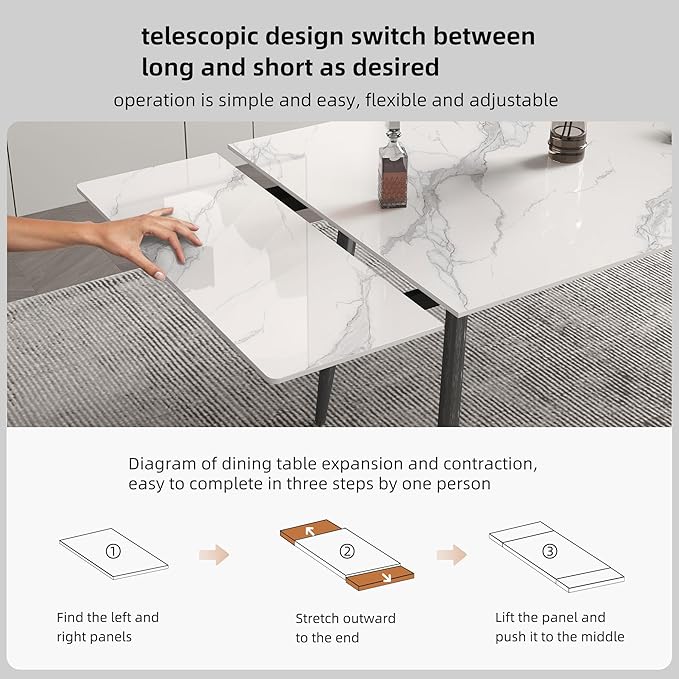 Extendable Dining Table (62.9" to 94.4") for 6 to 10 - Modern Rectangular Sintered Stone Table with High Hardness and Easy Maintenance - Stylish White