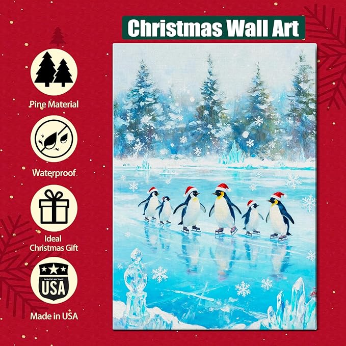Christmas Penguin Canvas Wall Art - Playful Penguins in Snowy Forest Scene Framed Print for Living Room & Bedroom, Cozy Christmas Wall Decor, Charming Christmas Gifts & Festive Decorations