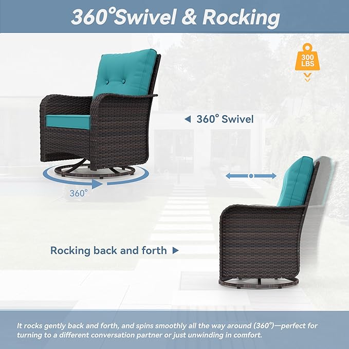 Kurapika 5 Pieces Patio Furniture Set, Rattan Wicker Outdoor Conversation Sets, 4 Woven Rattan Swivel Chairs w/48in Propane Fire Pit Table and Thickened Cushions, Blue