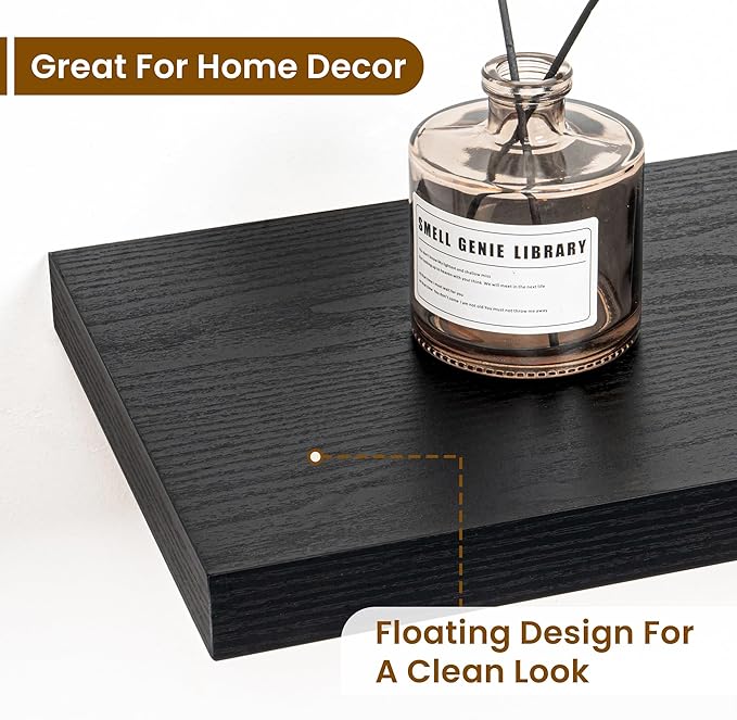 Fun Memories 36 Inch Floating Shelves, 9.3 Inch Deep Rustic Wall Shelves - Extra Deeper Wall Mounted Storage Shelves for Bathroom, Kitchen, Living Room (Black, Set of 2)