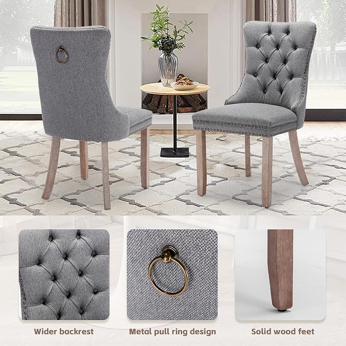 SoarFlash Kitchen Table and Chairs for 2, 31.5" Dining Table Set for 2 with Linen Upholstered Chairs, 3 Piece Round Kitchen Table Set, Dining Room Table Set for Small Space, Apartment, Grey/White