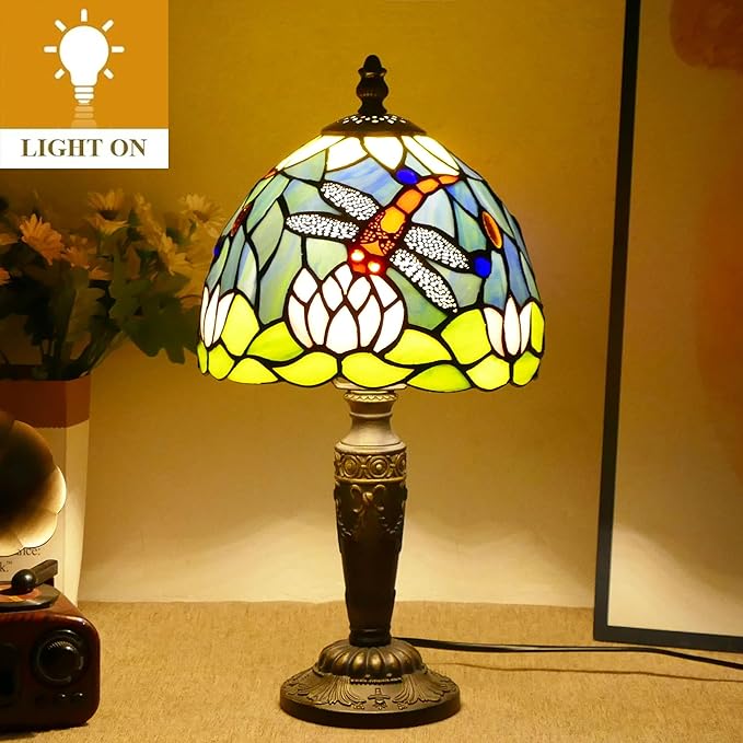 Tiffany Lamp Stained Glass Table Lamp 7.9X7.9X14.2 Inches Dragonfly and Lotus Style Desk Reading Light