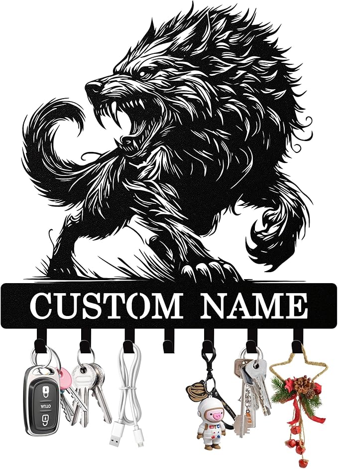 Personalized Wolf Key Holder Wall Mount, Custom Metal Keys Hanger for Wall with Name, Custom Key Rack Holder with Hooks for Home, Entryway, Front Door, Living Room, Kitchen, Bathroom