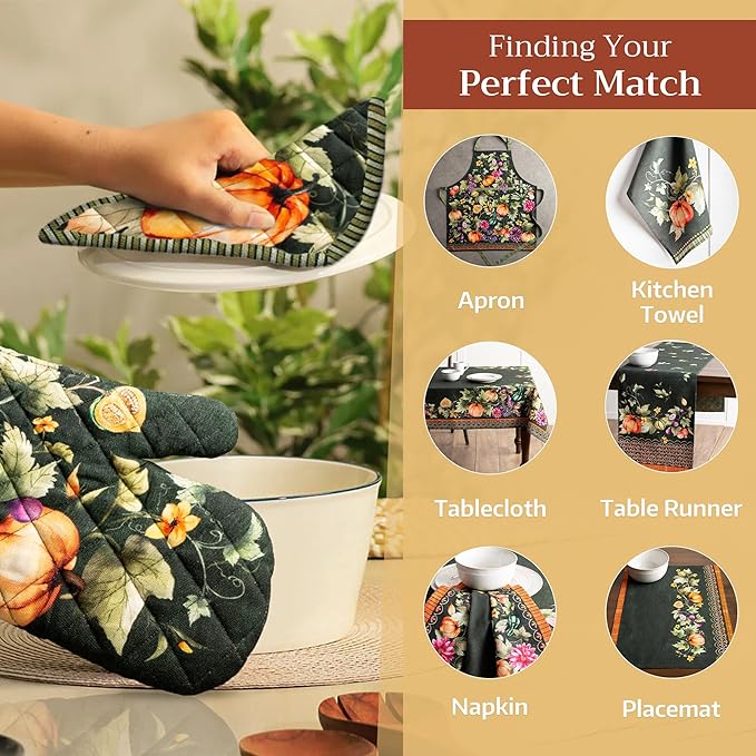 Maison d' Hermine Pot Holders Set 100% Cotton Heat Resistant Potholders 8" x 8" Hot Pads with Loop for Thanksgiving Christmas Decorations Handling Hot Pans (Pack of 2, Pumpkin Garden - Dark Green)