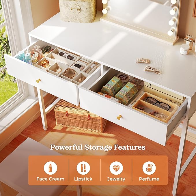 SUPERJARE 35.4" White Desk with 2 Drawers, Modern Makeup Vanity with Padded Stool, Small Computer Desk Home Office Desk for Writing Study Bedroom
