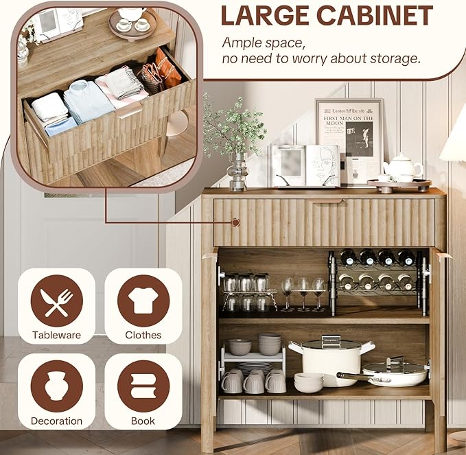 Sideboard Buffet Cabinet with Storage - Modern Fluted Credenza with Doors & Drawer, Accent Cabinet Coffee Table Bar Counter Bookcase for Living Room Kitchen Dining Room Entryway 31" H Oak