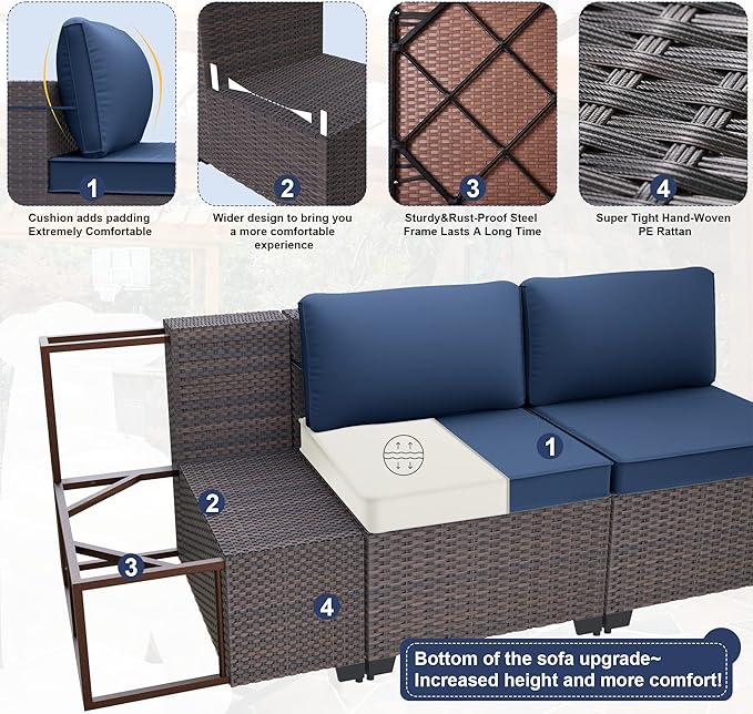 Kurapika 7 Pieces Patio Furniture Set, Rattan Wicker Outdoor Conversation Sets w/4 Inch Cushion and Glass Coffee Table(Navy Blue)