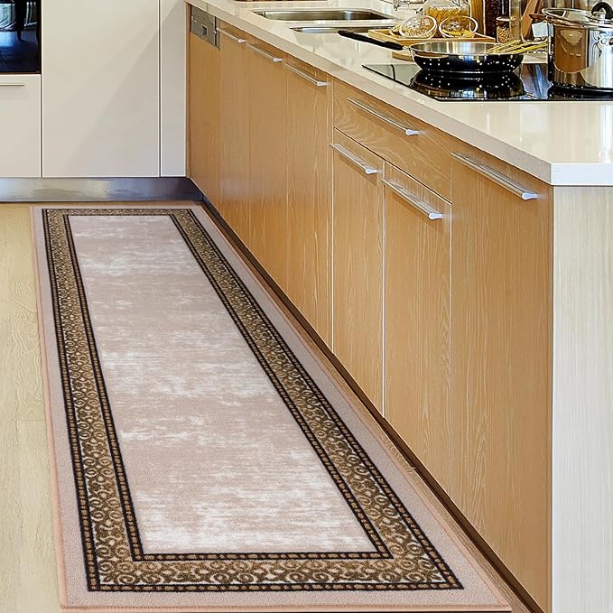 Antep Rugs Alfombras Bordered Modern 2x7 Non-Slip (Non-Skid) Low Pile Rubber Backing Indoor Area Runner Rug (Beige, 2' x 7')